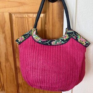 Vera Bradley Pink Straw Tote Floral Trim Shoulder Bag Summer Purse Tote